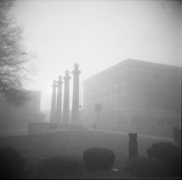 Courthouse columns in fog